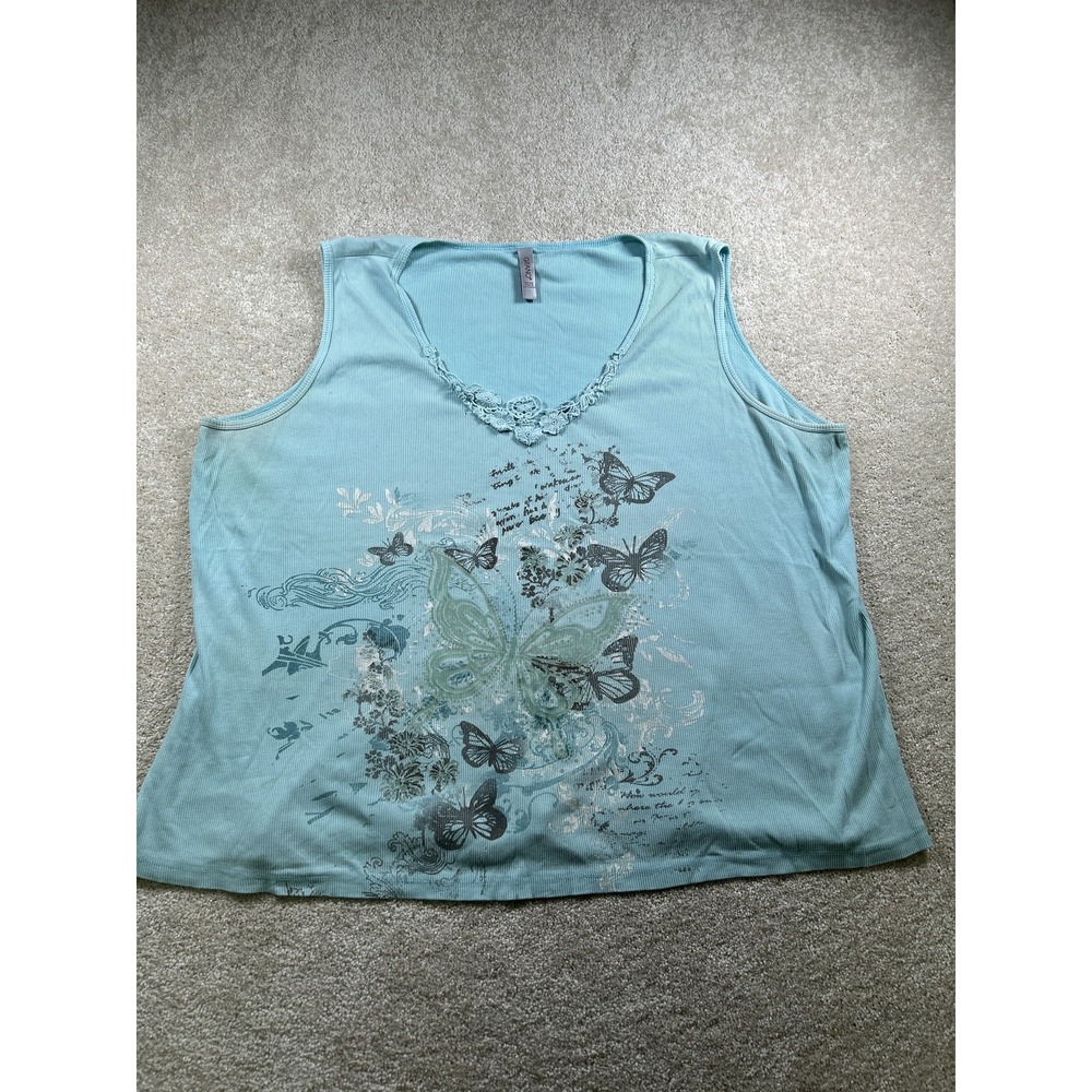 Gitano Tank Top Womens 30/32 Blue Butterfly Floral Graphic‎ Lace Trim Sleeveless